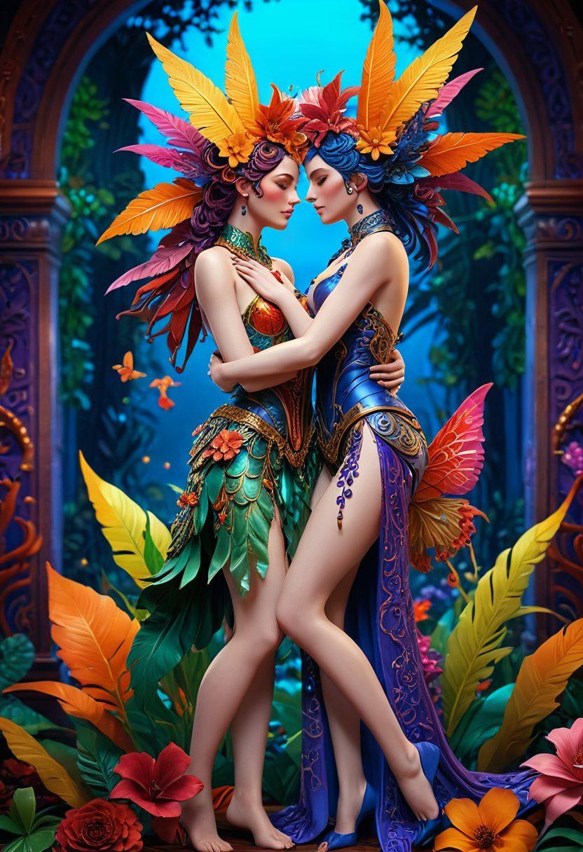 A captivating scene featuring beautifully detailed 3D characters in an intimate embrace within a vibrant, fantastical world filled with sensual art and erotic overtones. The characters should be depicted with realistic expressions and intricate costumes, surrounded by lush, imaginative environments and soft, warm lighting. 3D rendering. vibrant colors. detailed textures.